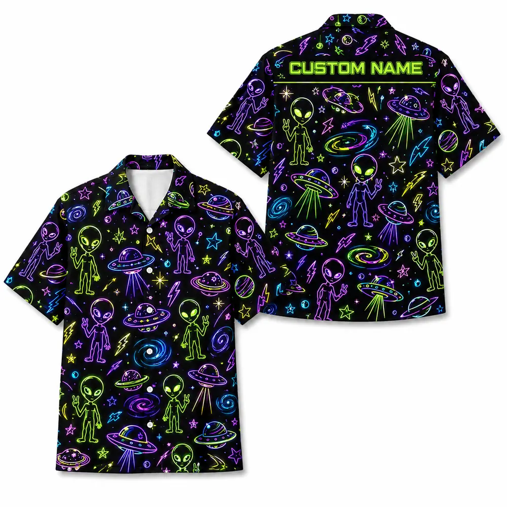 Personalized Alien Ufo Neon Hawaiian Shirt For Men And Women, Short Sleeve Funny Sci-Fi Space Galaxy, Custom Name Summer Button Down - Style 9