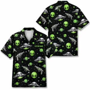 Personalized Alien Ufo Outer Space Hawaiian Shirt For Men And Women, Short Sleeve Funny Sci-Fi Galaxy Night Print, Custom Name Button Down - Style 1