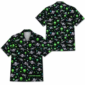 Personalized Alien Ufo Outer Space Hawaiian Shirt For Men And Women, Short Sleeve Funny Sci-Fi Galaxy Night Print, Custom Name Button Down - Style 2