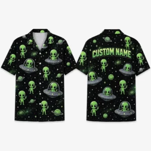 Personalized Alien Ufo Space Hawaiian Shirt For Men And Women, Short Sleeve Funny Extraterrestrial Galactic Vacation Print, Custom Name Summer Button Down