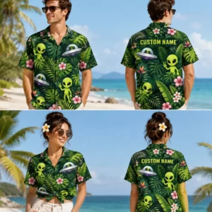 Personalized Alien Ufo Tropical Hawaiian Shirt For Men And Women, Short Sleeve Funny Extraterrestrial Island Vacation Print, Custom Name Summer Button Down - View 1