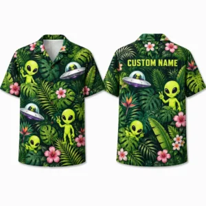 Personalized Alien Ufo Tropical Hawaiian Shirt For Men And Women, Short Sleeve Funny Extraterrestrial Island Vacation Print, Custom Name Summer Button Down