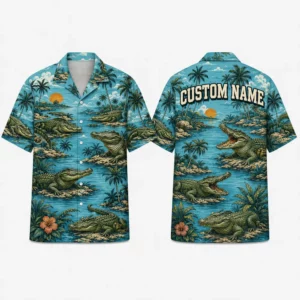 Personalized Alligator Swamp Hawaiian Shirt For Men And Women, Short Sleeve Wild Reptile Tropical Island Vacation Print, Custom Name Summer Button Down