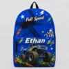 Personalized Back To School Backpack With Name For Boys, Custom Full Speed Kids Bookbag, Cute Monster Truck Racing Blue School Bag For Elementary