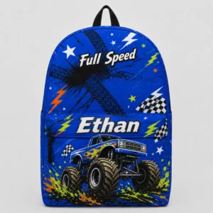 Personalized Back To School Backpack With Name For Boys, Custom Full Speed Kids Bookbag, Cute Monster Truck Racing Blue School Bag For Elementary