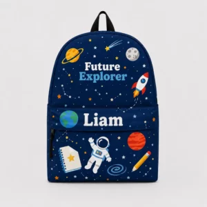 Personalized Back To School Backpack With Name For Boys, Custom Future Explorer Kids Bookbag, Cute Outer Space Astronaut Navy Bag For Elementary