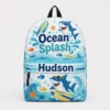 Personalized Back To School Backpack With Name For Boys, Custom Ocean Splash Kids Bookbag, Cute Surfing Shark Blue School Bag For Elementary Student
