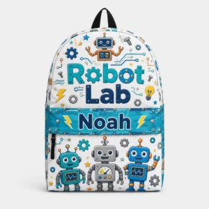 Personalized Back To School Backpack With Name For Boys, Custom Robot Lab Kids Bookbag, Cute Stem Science Blue School Bag For Elementary Student
