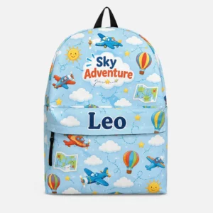 Personalized Back To School Backpack With Name For Boys, Custom Sky Adventure Kids Bookbag, Cute Airplane Blue School Bag For Elementary Student