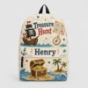 Personalized Back To School Backpack With Name For Boys, Custom Treasure Hunt Kids Bookbag, Cute Pirate Ship Chest Beige School Bag For Elementary