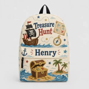 Personalized Back To School Backpack With Name For Boys, Custom Treasure Hunt Kids Bookbag, Cute Pirate Ship Chest Beige School Bag For Elementary