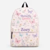 Personalized Back To School Backpack With Name For Girls, Custom Butterfly Garden Kids Bookbag, Cute Floral Pink School Bag For Elementary Student