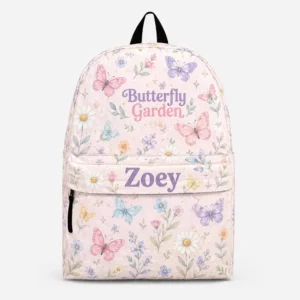 Personalized Back To School Backpack With Name For Girls, Custom Butterfly Garden Kids Bookbag, Cute Floral Pink School Bag For Elementary Student