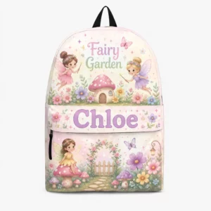 Personalized Back To School Backpack With Name For Girls, Custom Fairy Garden Kids Bookbag, Cute Mushroom Magical School Bag For Elementary Student