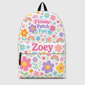Personalized Back To School Backpack With Name For Girls, Custom Flower Patch Fun Floral Kids Bookbag, Colorful Rainbow School Bag For Elementary