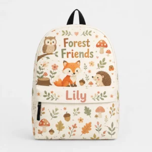 Personalized Back To School Backpack With Name For Girls, Custom Forest Friends Kids Bookbag, Cute Woodland Fox Mushroom School Bag For Elementary