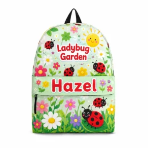 Personalized Back To School Backpack With Name For Girls, Custom Ladybug Garden Kids Bookbag, Cute Floral Light Green School Bag For Elementary