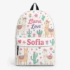 Personalized Back To School Backpack With Name For Girls, Custom Llama Love Cactus Kids Bookbag, Cute Floral Animal School Bag For Elementary Student