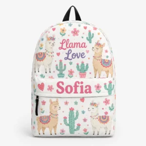 Personalized Back To School Backpack With Name For Girls, Custom Llama Love Cactus Kids Bookbag, Cute Floral Animal School Bag For Elementary Student