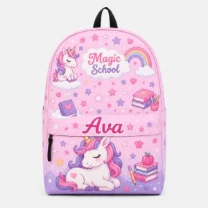 Personalized Back To School Backpack With Name For Girls, Custom Magic School Kids Bookbag, Cute Unicorn Rainbow Pink School Bag For Elementary