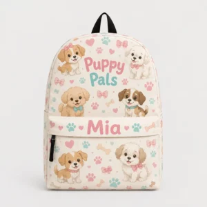 Personalized Back To School Backpack With Name For Girls, Custom Puppy Pals Kids Bookbag, Cute Dog Paw Prints Cream School Bag For Elementary Student