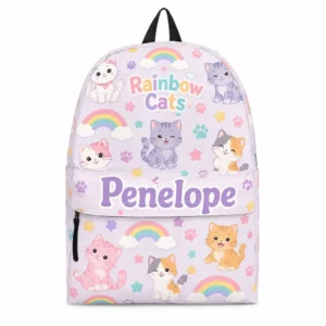 Personalized Back To School Backpack With Name For Girls, Custom Rainbow Cats Kids Bookbag, Cute Kitten Purple Pastel School Bag For Elementary Student