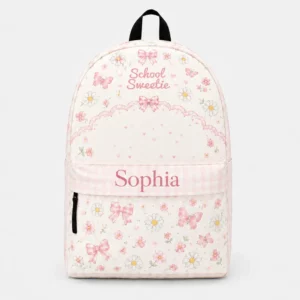 Personalized Back To School Backpack With Name For Girls, Custom School Sweetie Kids Bookbag, Cute Pink Gingham Bow Daisy School Bag For Elementary
