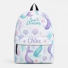 Personalized Back To School Backpack With Name For Girls, Custom Sea Dreams Kids Bookbag, Cute Mermaid Tail Seashell White School Bag For Elementary