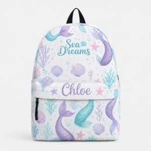 Personalized Back To School Backpack With Name For Girls, Custom Sea Dreams Kids Bookbag, Cute Mermaid Tail Seashell White School Bag For Elementary