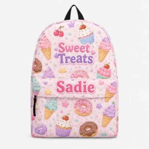 Personalized Back To School Backpack With Name For Girls, Custom Sweet Treats Kids Bookbag, Cute Ice Cream Cupcake Pink School Bag For Elementary