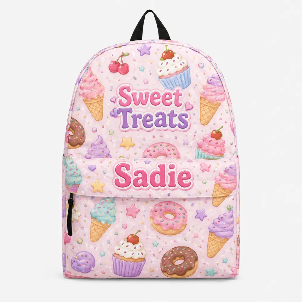 Personalized Back To School Backpack With Name For Girls, Custom Sweet Treats Kids Bookbag, Cute Ice Cream Cupcake Pink School Bag For Elementary