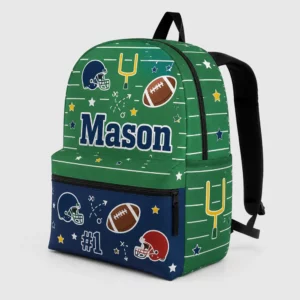 Personalized Back To School Backpack With Name For Kids, Custom American Football Boys Bookbag, Green Sports Bag For Elementary Boys