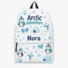 Personalized Back To School Backpack With Name For Kids, Custom Arctic Adventure Bookbag, Cute Polar Bear Penguin White School Bag For Elementary