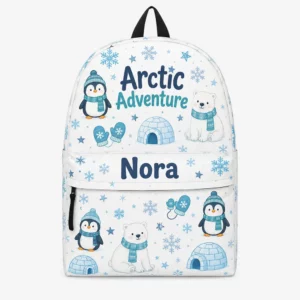 Personalized Back To School Backpack With Name For Kids, Custom Arctic Adventure Bookbag, Cute Polar Bear Penguin White School Bag For Elementary