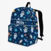 Personalized Back To School Backpack With Name For Kids, Custom Astronaut Kids Bookbag, Cute Outer Space Satellite Navy Blue Bag For Elementary Boys