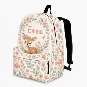 Personalized Back To School Backpack With Name For Kids, Custom Baby Deer Girls Bookbag, Enchanted Forest Theme School Bag For Elementary Students