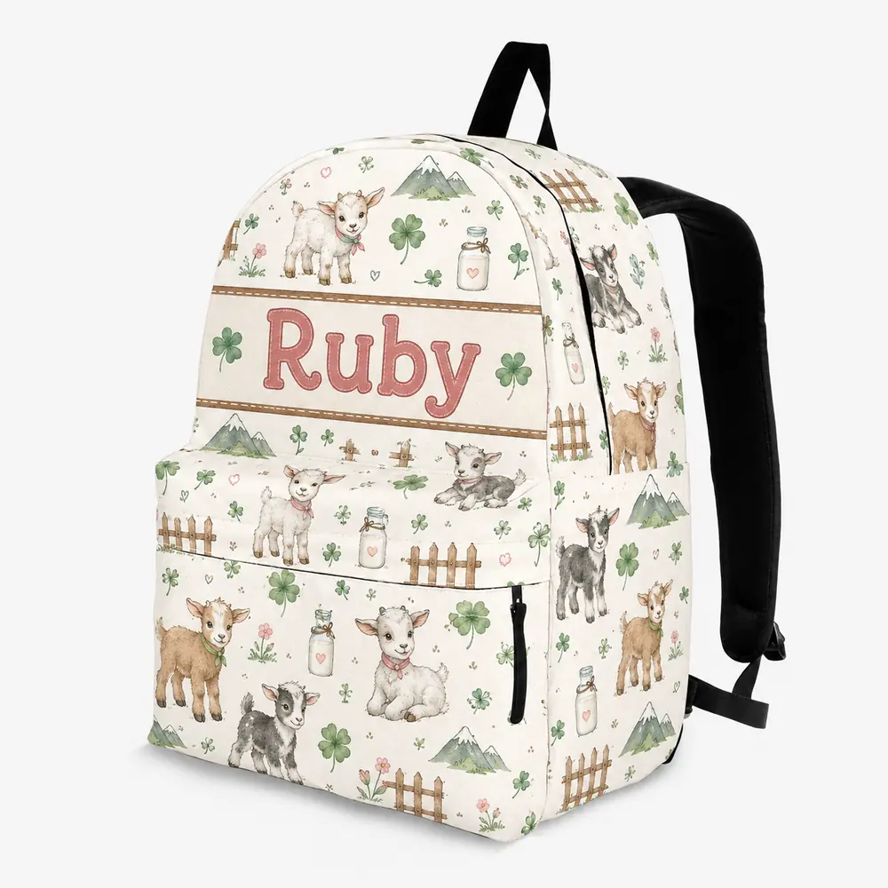 Personalized Back To School Backpack With Name For Kids, Custom Baby Goat Boys Girls Bookbag, Cute Farm Animal School Bag For Elementary Students