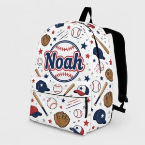 Personalized Back To School Backpack With Name For Kids, Custom Baseball Boys Bookbag, Sports Bat Glove Mitt White School Bag For Elementary Boys