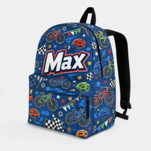 Personalized Back To School Backpack With Name For Kids, Custom Bicycle Racing Boys Bookbag, Cycling Helmet Sports Blue Bag For Elementary Boys