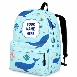 Personalized Back To School Backpack With Name For Kids, Custom Blue Whale Under The Sea Bookbag, Ocean School Bag For Elementary Boys Girls