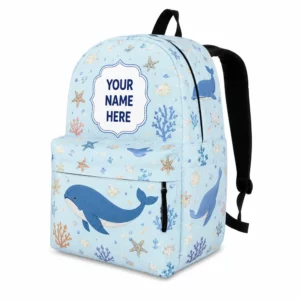 Personalized Back To School Backpack With Name For Kids, Custom Blue Whale Under The Sea Bookbag, Watercolor Ocean School Bag For Elementary Boys Girls