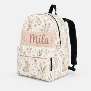 Personalized Back To School Backpack With Name For Kids, Custom Boho Bunny Floral Girls Bookbag, School Bag For Elementary Girls