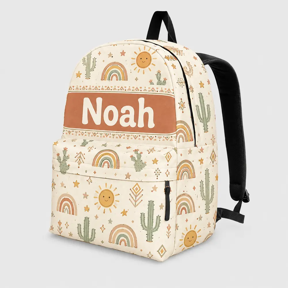 Personalized Back To School Backpack With Name For Kids, Custom Boho Cactus Desert Boys Girls Bookbag, School Bag Elementary Kids