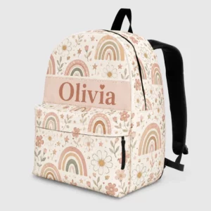 Personalized Back To School Backpack With Name For Kids, Custom Boho Rainbow Daisy Girls Bookbag, School Bag For Elementary Girls