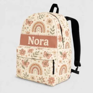 Personalized Back To School Backpack With Name For Kids, Custom Boho Rainbow Floral Girls Bookbag, School Bag For Elementary Girls