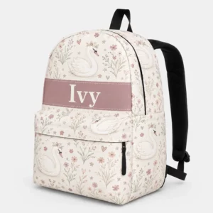 Personalized Back To School Backpack With Name For Kids, Custom Boho Swan Floral Girls Bookbag, School Bag For Elementary Girls