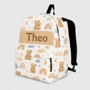 Personalized Back To School Backpack With Name For Kids, Custom Boho Teddy Bear Boys Girls Bookbag, Rainbow School Bag For Elementary Kids