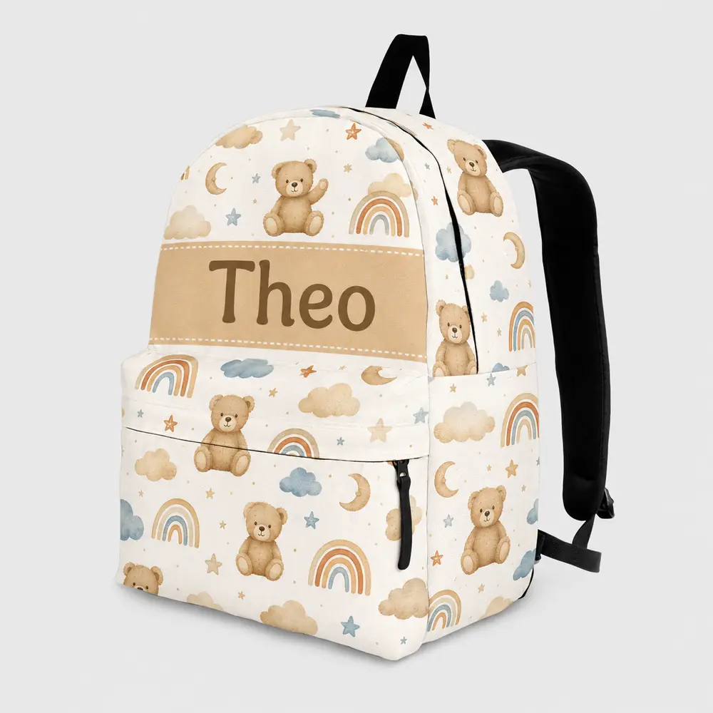 Personalized Back To School Backpack With Name For Kids, Custom Boho Teddy Bear Boys Girls Bookbag, Rainbow School Bag For Elementary Kids