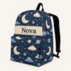 Personalized Back To School Backpack With Name For Kids, Custom Celestial Moon Kids Bookbag, Cute Starry Night Constellation Navy Bag For Boys Girls