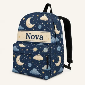 Personalized Back To School Backpack With Name For Kids, Custom Celestial Moon Kids Bookbag, Cute Starry Night Constellation Navy Bag For Boys Girls